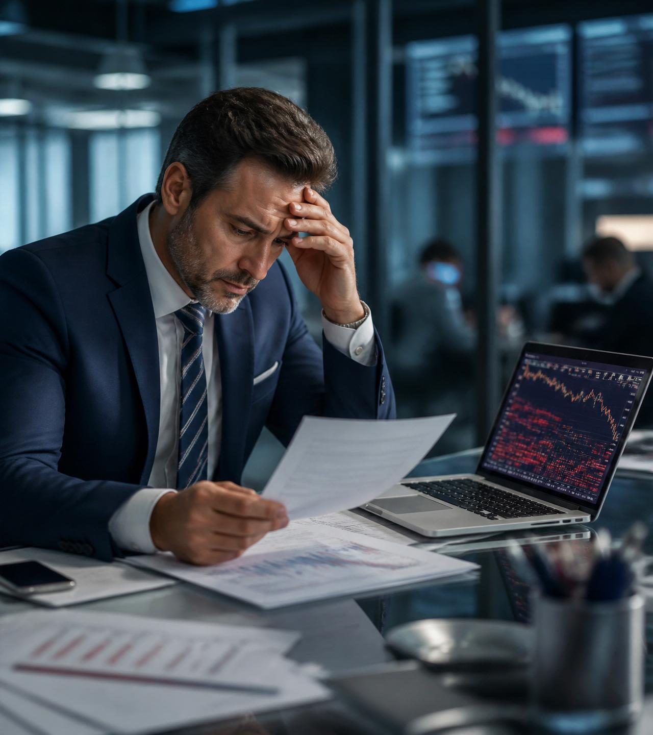 Empresário analisando indicadores de risco psicossocial